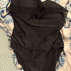 Kona sol Black Swimsuit with Gold Accent and ruffles